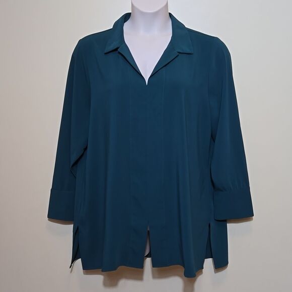 Chico's XL 16 / 18 Tunic Blouse Top Chain Trim Collar Career Jasper Green Classy - Picture 1 of 12
